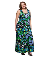 24seven Comfort Apparel Plus Print Scoop Neck A-Line Sleeveless Maxi Dress
