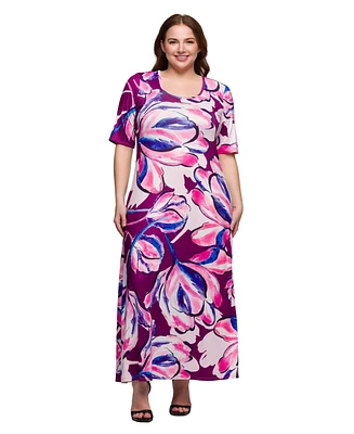 24seven Comfort Apparel Plus Print Elbow Sleeve Casual A-Line Maxi Dress