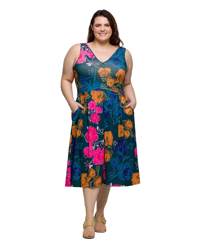 24seven Comfort Apparel Plus Midi Length Print Sleeveless Pleated Pocket Dress