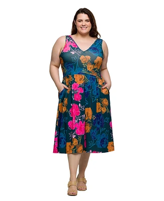 24seven Comfort Apparel Plus Midi Length Print Sleeveless Pleated Pocket Dress