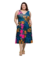 24seven Comfort Apparel Plus Midi Length Print Sleeveless Pleated Pocket Dress