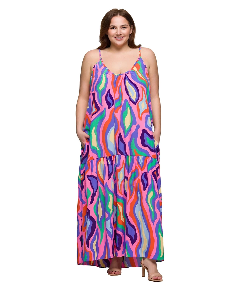 24seven Comfort Apparel Plus Lightweight Spaghetti Strap Pocket Maxi Dress