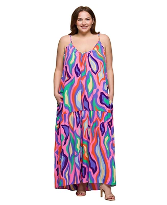 24seven Comfort Apparel Plus Lightweight Spaghetti Strap Pocket Maxi Dress