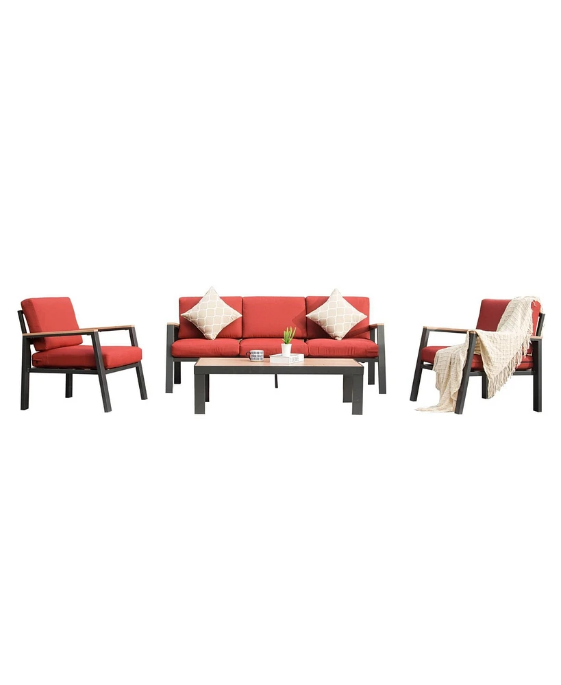 4 Pieces Aluminum Outdoor Patio Furniture Set, Modern Outdoor Sectional with Outdoor Patio Coffee Table & 7 Inch Cushion, Outdoor Patio Sectional Sofa