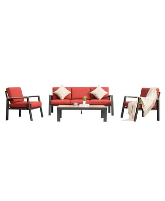 4 Pieces Aluminum Outdoor Patio Furniture Set, Modern Outdoor Sectional with Outdoor Patio Coffee Table & 7 Inch Cushion, Outdoor Patio Sectional Sofa