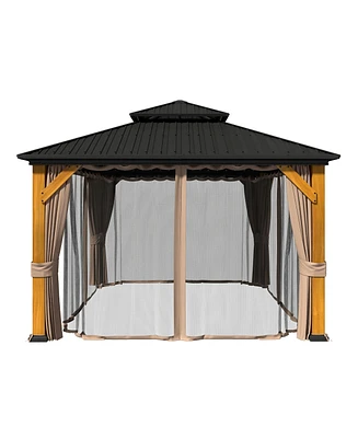 12x12 Ft Heavy-Duty Aluminum Hardtop Gazebo with Galvanized Steel Roof, Weather-Resistant Cedar Wood Outdoor Pavilion for Patio, Backyard