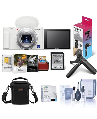 Sony Zv-1 Compact 4K Hd Digital Camera, White Bundle with Sony Shooting Grip/Tripod, 64GB Uhs-ii Sd Card, Shoulder Bag, Corel Mac Software Kit and Acc