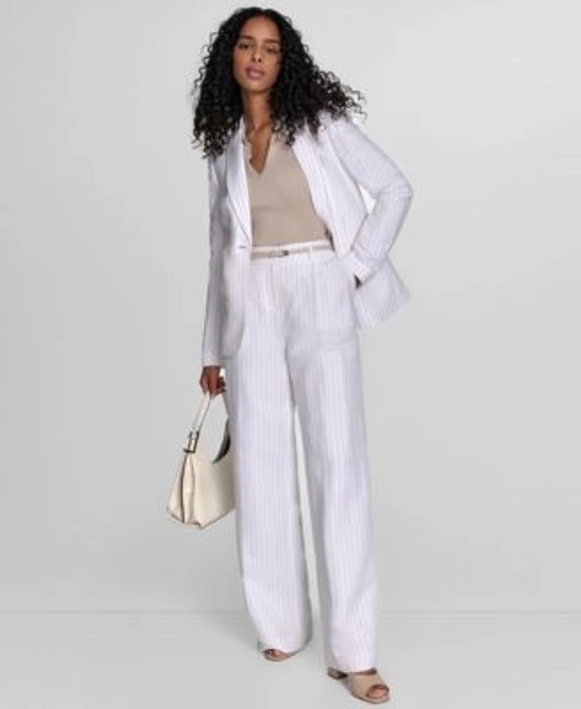 Calvin Klein Womens Pinstriped One Button Blazer Belted Pants