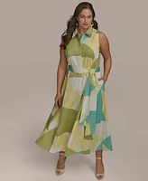 Donna Karan New York Plus Printed Tie-Waist Sleeveless Shirtdress