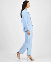 Anne Klein Womens Linen Blend Notch Lapel Button Front Blazer Ruffle Neck Sleeveless Blouse High Rise Press Pleat Pants