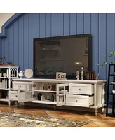 Tv stand with two doors and four drawers, media console with tempered glass and feet, wooden entertainment center