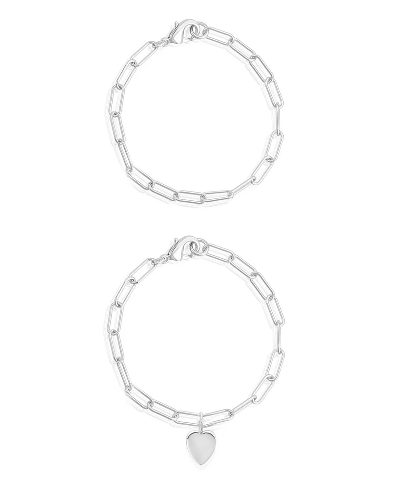 Adornia Tarnish Resistant Silver Heart Paper Clip Chain Bracelet Set