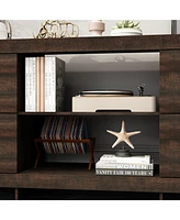 Tv stand with 4 drawers and 2 compartments, brown wood media console, multi-purpose entertainment center