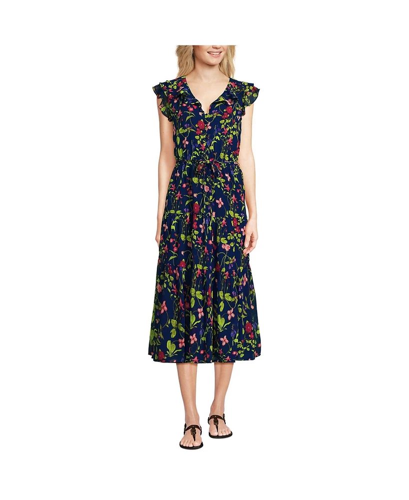 Lands' End Women's Ruffle Sleeve Chiffon Tiered Midi Dress