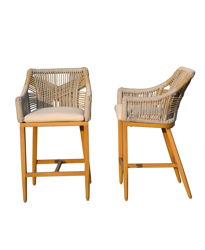 Bar stools Set of 2 with Arm and Backrest, Outdoor Counter Height Chairs Cushion, Aluminum Tall Modern Textilene Rope Boho Barstoo
