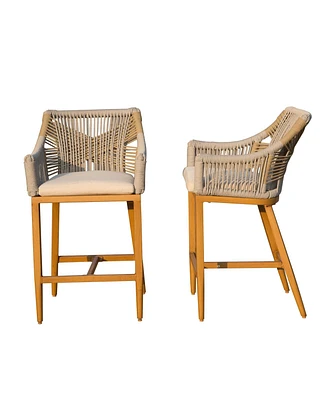 Bar stools Set of 2 with Arm and Backrest, Outdoor Counter Height Chairs Cushion, Aluminum Tall Modern Textilene Rope Boho Barstoo