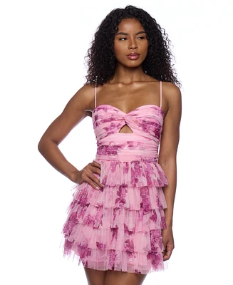 B Darlin Juniors' Printed Ruffle-Tiered Cut-Out Mini Dress