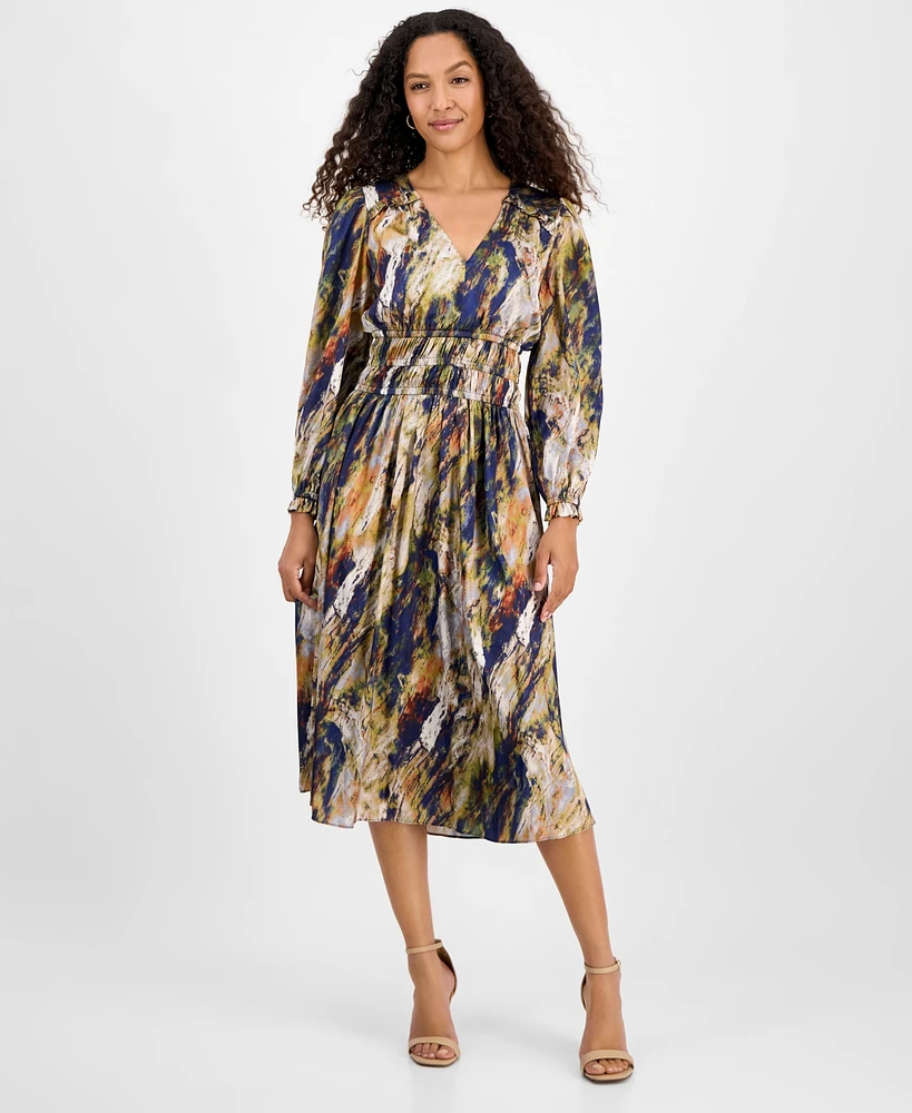 julia jordan Women's Printed V-Neck Long-Sleeve Midi Dress