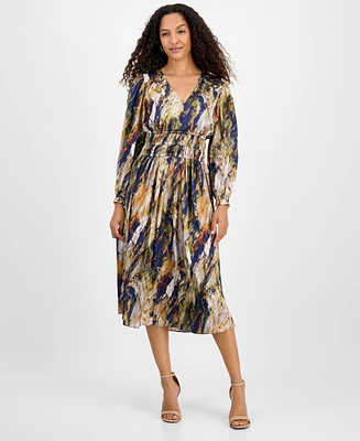 julia jordan Women's Printed V-Neck Long-Sleeve Midi Dress