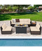 Gymax 7PCS Patio Rattan Furniture Set Fire Pit Table Cover Cushion