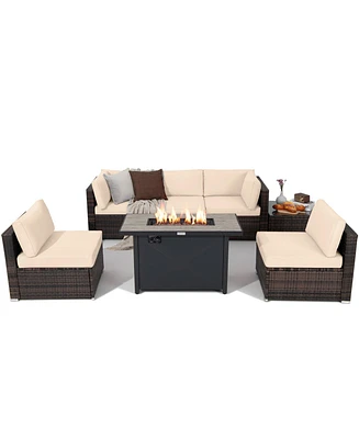 Gymax 7PCS Patio Rattan Furniture Set Fire Pit Table Cover Cushion