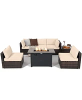 Gymax 7PCS Patio Rattan Furniture Set Fire Pit Table Cover Cushion