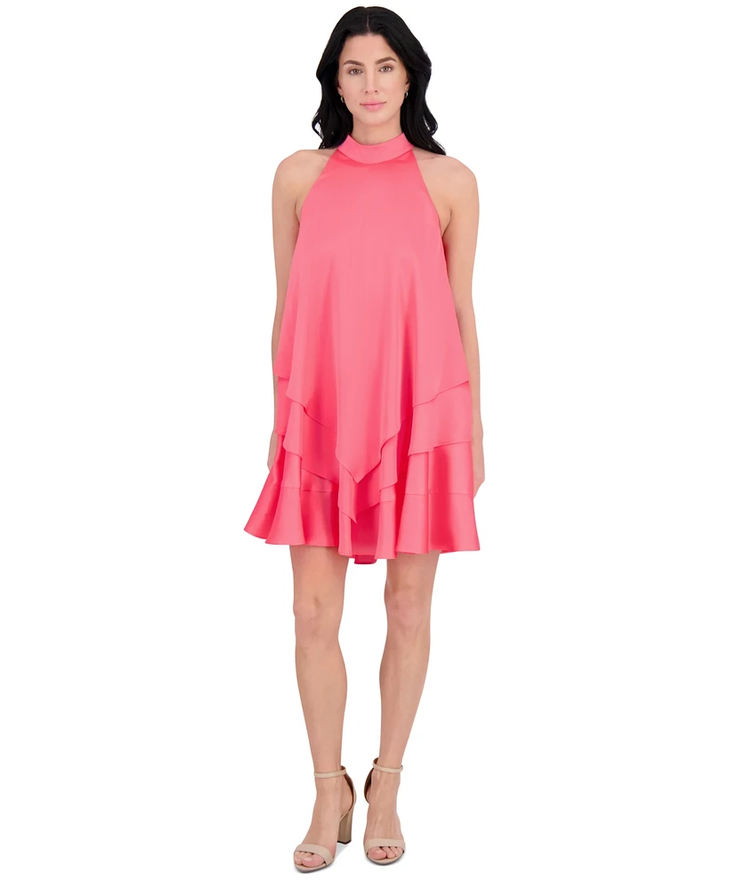 kensie Women's Satin Mock Neck Trapeze Dress