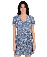 kensie Women's Eyelet Short-Sleeve Belted Romper