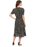 London Times Women's Printed Ruched-Sleeve Midi Dress