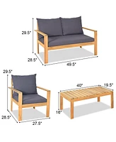 8PCS Patio Furniture Set Acacia Wood Thick Cushion Loveseat Sofa