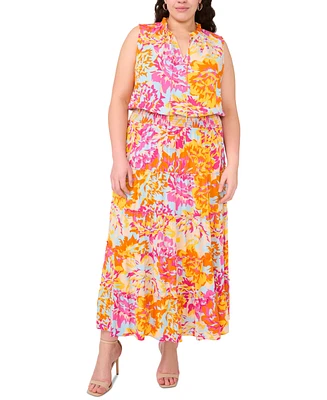 Msk Plus Split-Neck Sleeveless Tiered Challis Maxi Dress