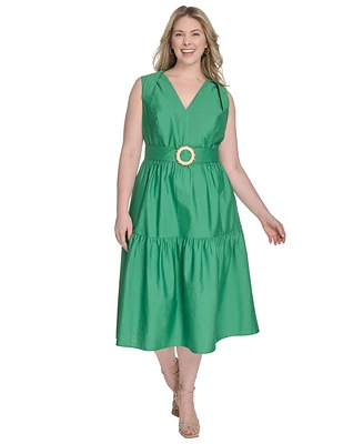 Vince Camuto Plus Cotton Belted Tiered Sleeveless Midi Dress