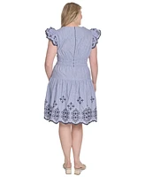 Vince Camuto Plus Flutter-Sleeve Embroidered Cotton Dress