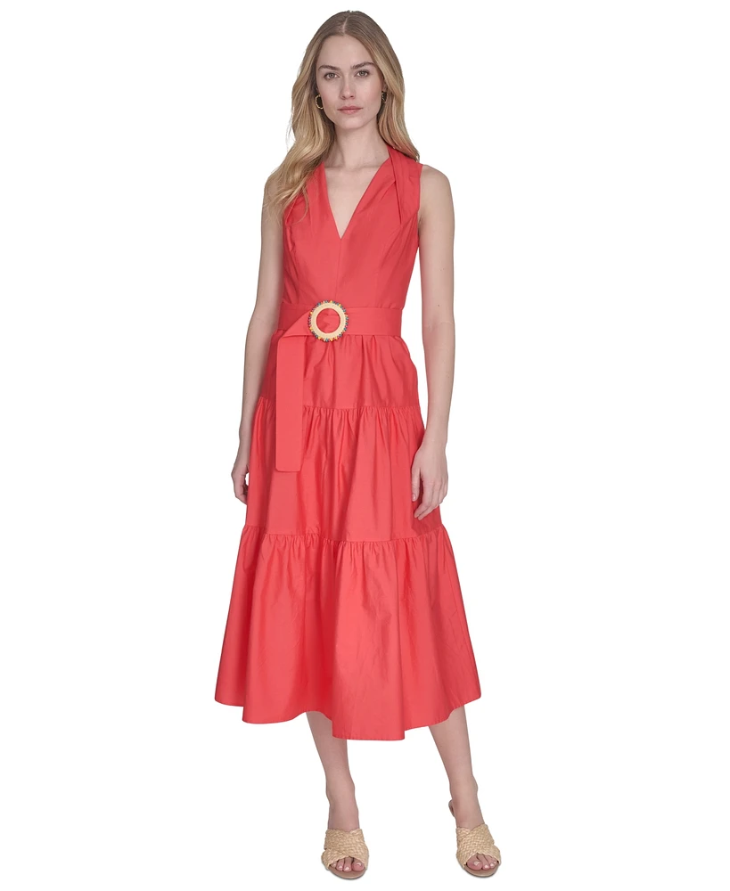 Vince Camuto Petite Cotton Belted Sleeveless Tiered Midi Dress