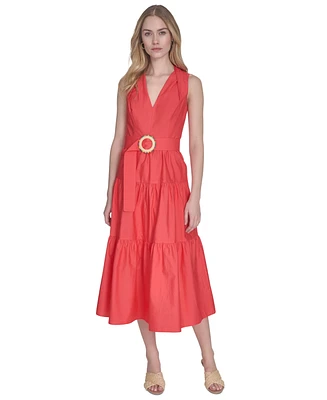Vince Camuto Petite Cotton Belted Sleeveless Tiered Midi Dress