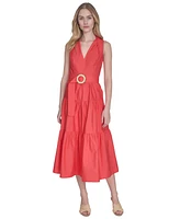 Vince Camuto Petite Cotton Belted Sleeveless Tiered Midi Dress