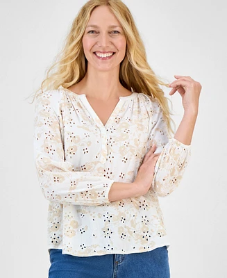 Style & Co Women's Printed 3/4 Sleeve Eyelet Top, Exclusively at Macy's