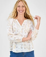 Style & Co Women's Printed 3/4 Sleeve Eyelet Top, Exclusively at Macy's