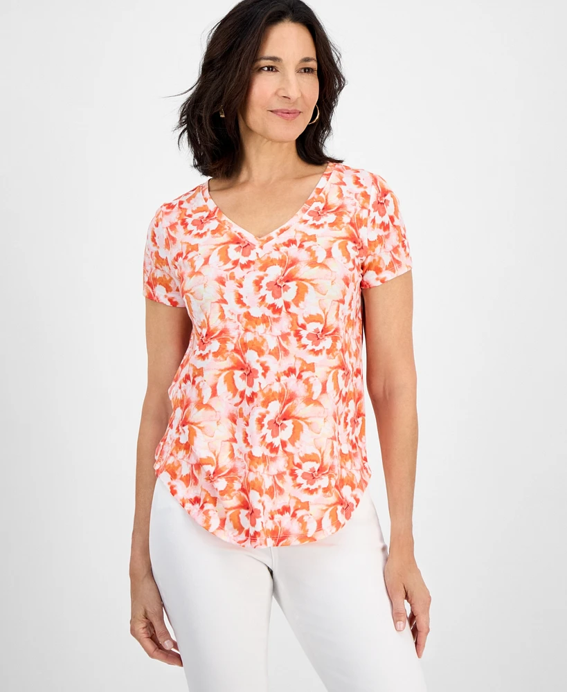 Style & Co Petite Blurred Floral Perfect V-Neck Tee, Exclusively at Macy's