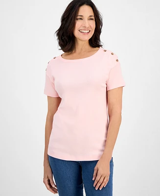 Style & Co Petite Cotton Button-Shoulder Tee, Exclusively at Macy's