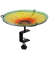 Glass Bird Bath Bowl - 10.5” Diameter Includes Deck Clamp and Staked Stand Blooming Sunflower