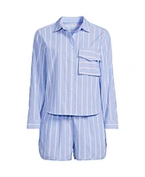 Lands' End Plus Cotton Poplin 2 Piece Pajama Set - Long Sleeve Top and Shorts with Piping