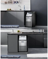 Zafro Commercial ice maker produces 100 lbs of ice per day, with a 33 lbs storage capacity. Features 2-way water inlet, self-cleaning function, and a