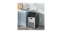Zafro moon-shaped ice maker can produce 100 pounds of ice per day and has a storage capacity of 28 pounds. It features a two-way water filling system,