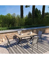 5-Piece Aluminum Frame Outdoor Dining Set with Faux Wood Table Stackable Chairs Patio Furniture