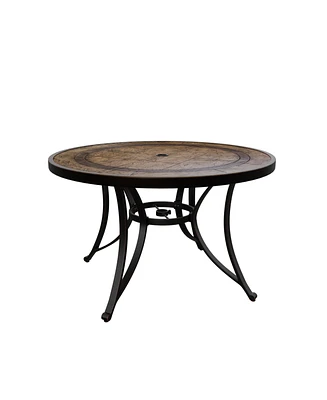 47.8 Inch Outdoor Round Dining Table Cast Aluminum Patio Dining Table Faux Wood Top Outdoor Patio Dining Table with Umbrella Hole