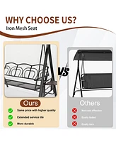 Steel 3 Person Patio Swing Chair Swinging Outdoor with Removable Mat, Cushion and Convertible Canopy, Navy Blue