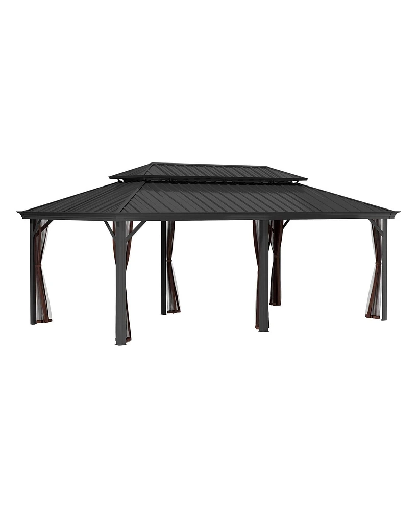 12x20 Ft Hard Top Metal Gazebo Patio Double Roof Canopy Aluminum Frame Gazebo with Netting Tent Curtains