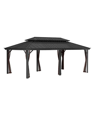 12x20 Ft Hard Top Metal Gazebo Patio Double Roof Canopy Aluminum Frame Gazebo with Netting Tent Curtains