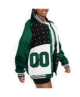 Gameday Couture Women's Green/White New York Jets Oversized Hot Shot Rhinestone Throwback Full-Snap Varsity Bomber Jacket